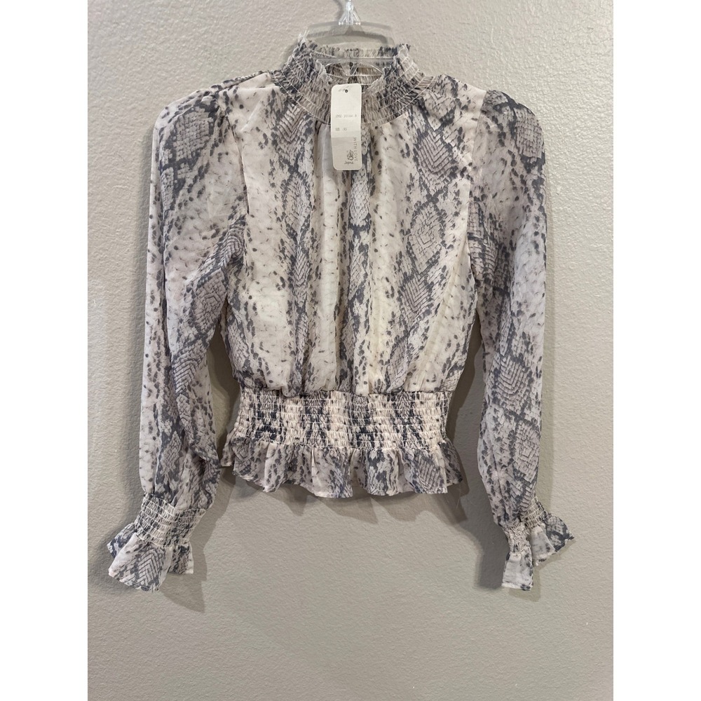 Japna XS‎ Snakeskin Print Mock Neck Long Sleeve Smocked Blouse Top